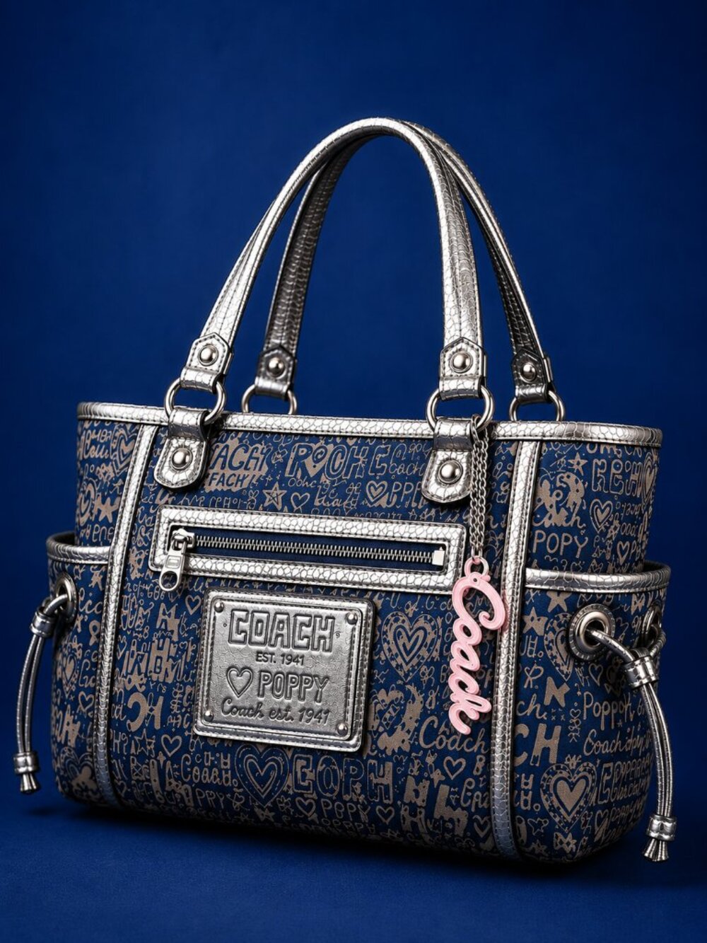 COACH Poppy Pink Acrylic Script Keychain Charm Silver Ball Chain Y2K Rare
